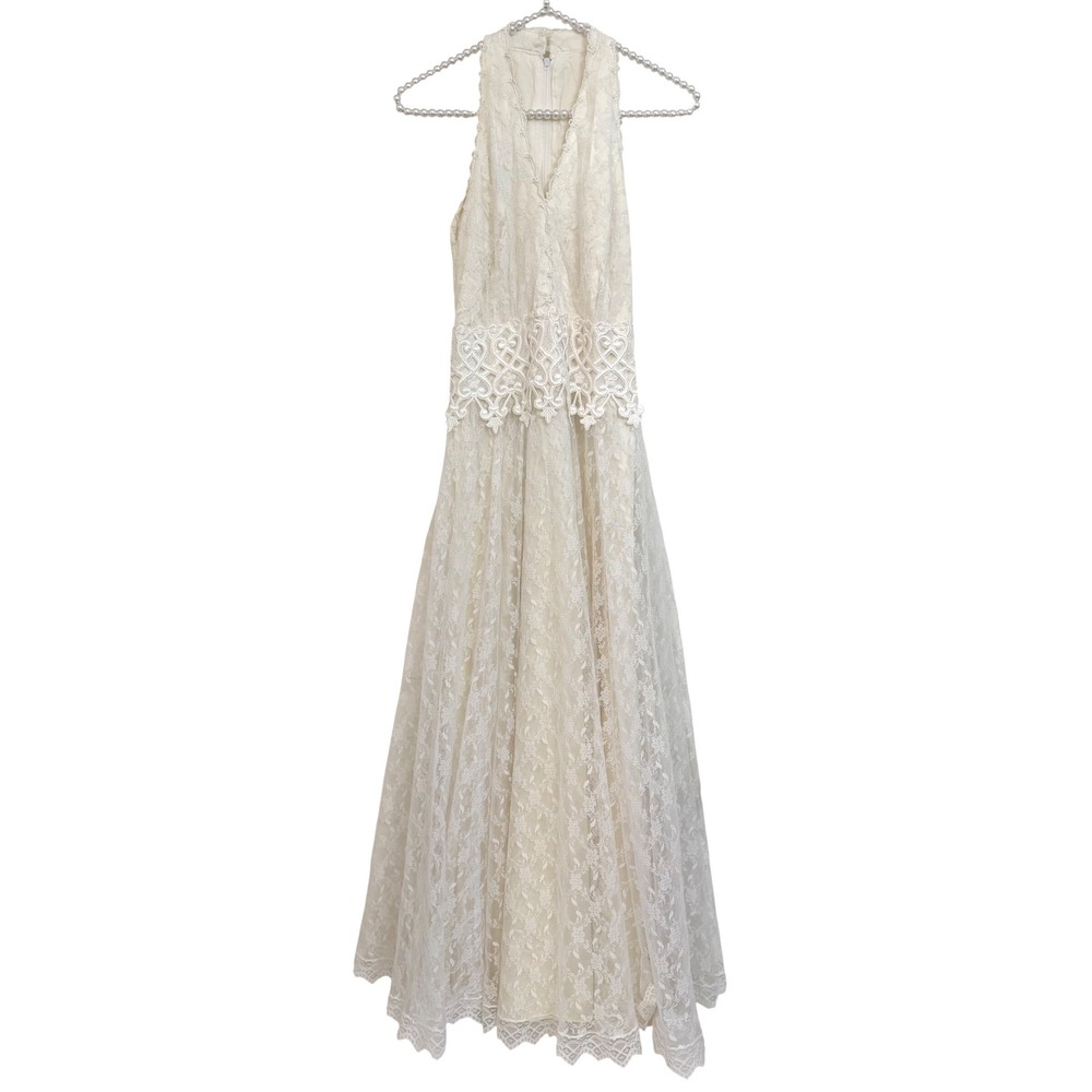 Vtg Scott McClintock White Lace Halter Maxi Dress Satin Lining Boho Wedding 10